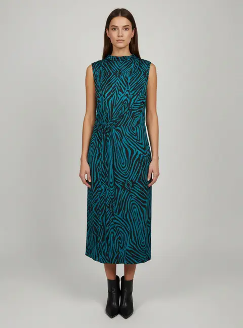 Diane Von Furstenberg Teal/Black Zebra Print Jersey Geri Midi Dress L