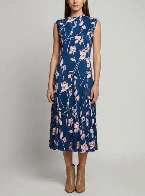 Diane von Furstenberg Navy Blue Floral Print Jersey Leora Midi Dress L