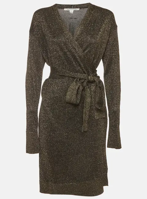 Diane Von Furstenberg Gold/Black Lurex Knit Fosette Wrap Dress S