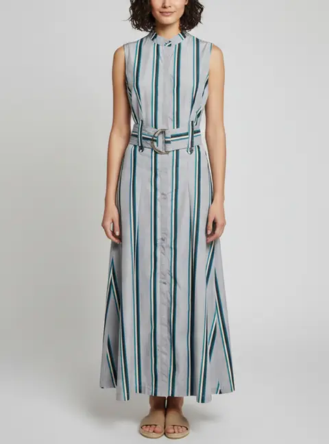 Diane Von Furstenberg Grey Striped Poplin Belted Maxi Dress M