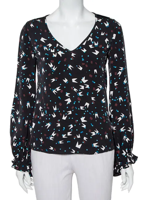 Diane Von Furstenberg Black printed Silk Oversized Dickinson Top XS