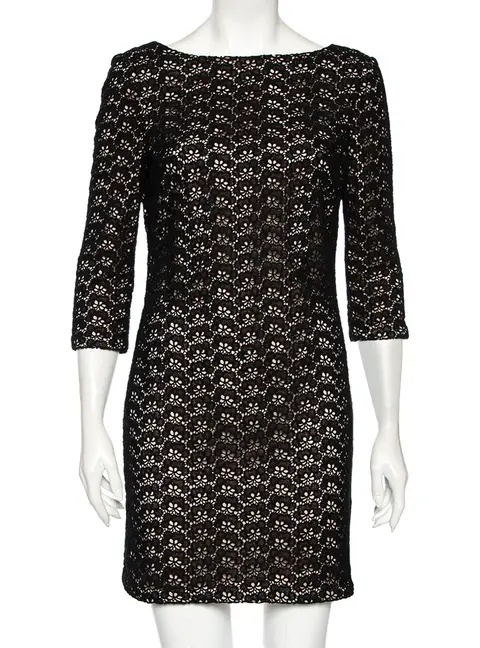 Diane von Furstenberg Black Floral Pattern Cutout Lace Dress M