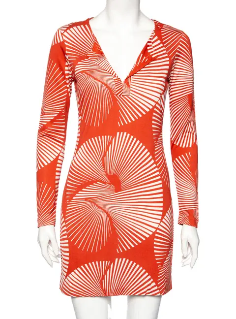 Diane von Furstenberg Dull Orange Printed Silk Reina Long Sleeve Dress S