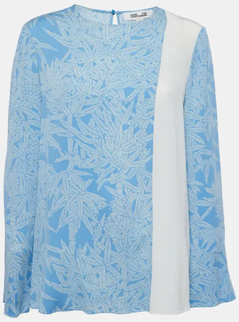 Diane Von Furstenberg Blue Printed Silk Contrast Top M