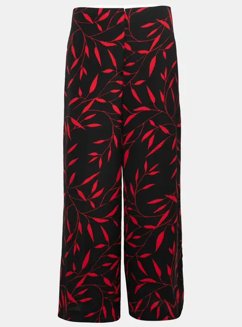 Diane Von Furstenberg Black & Red Printed Stretch Crepe Wide Leg Trousers M