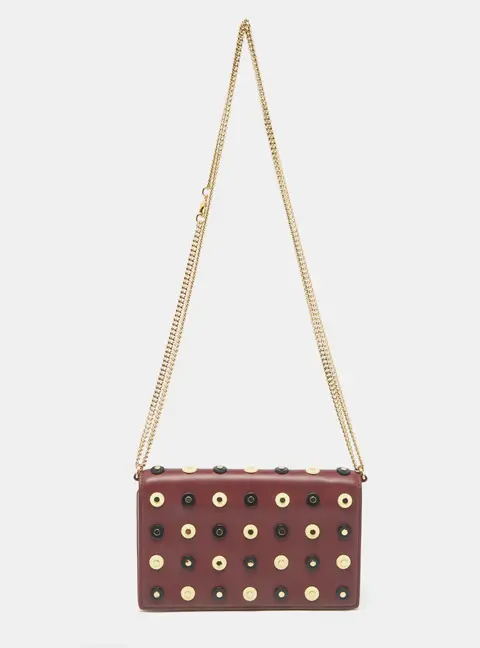Diane Von Furstenberg Burgundy/Beige Leather Studded Soiree Clutch Bag