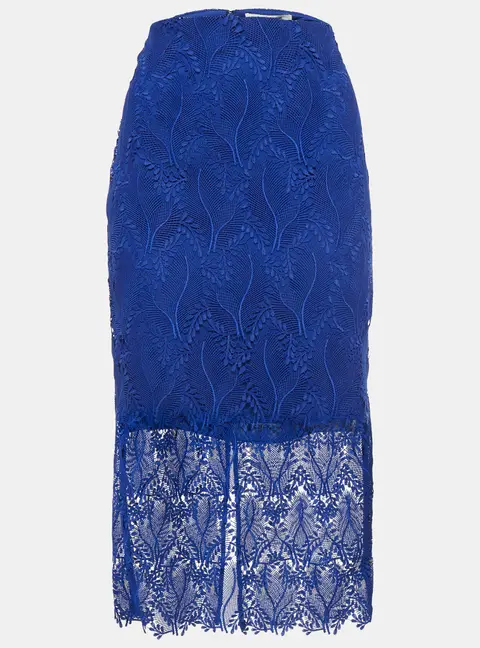 Diane Von Furstenberg Klein Blue Lace Overlay Tailored Pencil Skirt M