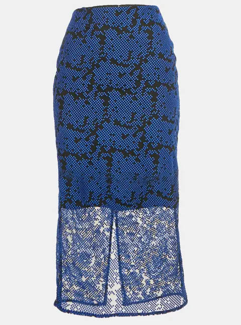 Diane Von Furstenberg Black /Blue Embroidered Mesh Overlay Tailored Pencil Skirt XS