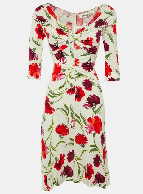 Diane Von Furstenberg White Floral Print Jersey Jim Midi Dress XS