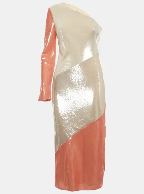 Diane Von Furstenberg Champagne/Pink Paneled One Shoulder Dress S