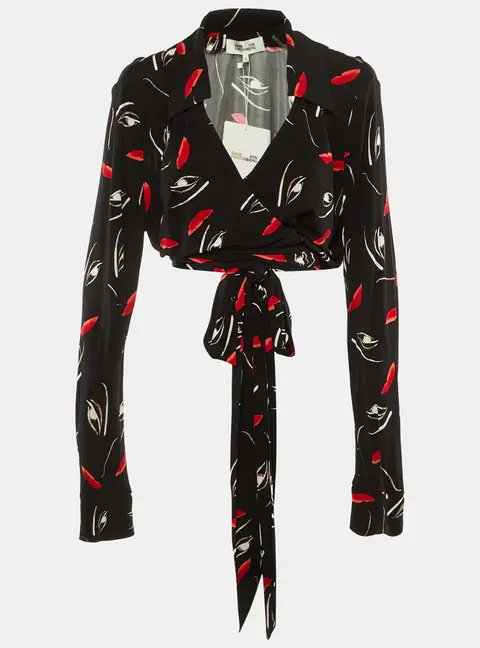 Diane Von Furstenberg Black Floating Face Print Jersey Wrap Around Bobbie Top XL