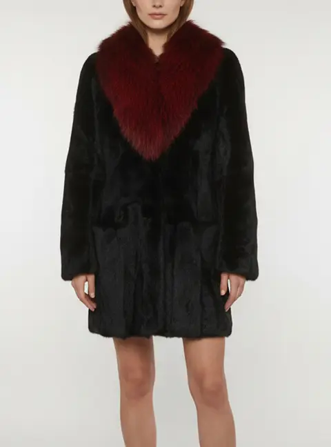 Diane von Furstenberg Black/Red Fur Mid Length Coat M