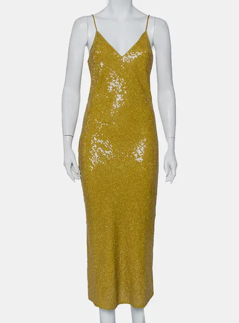 Diane Von Furstenberg Mustard Yellow Sequin Embellished Silk Havita Dress M