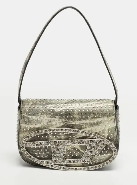 Diesel Crystal Embellished 1DR Olive Green/White Leather Shoulder Bag