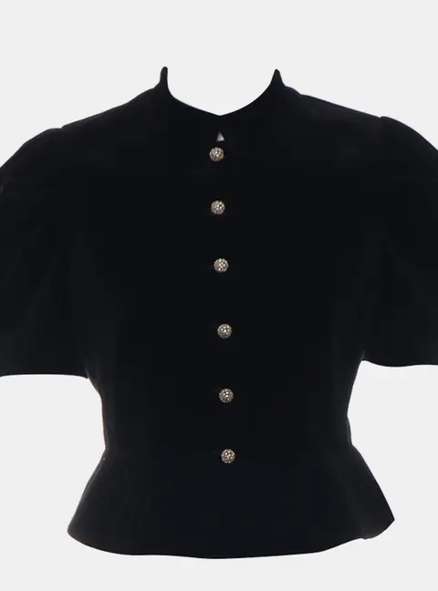 Dior Embellished Crystal Logo Button Velvet Peplum Top Size M