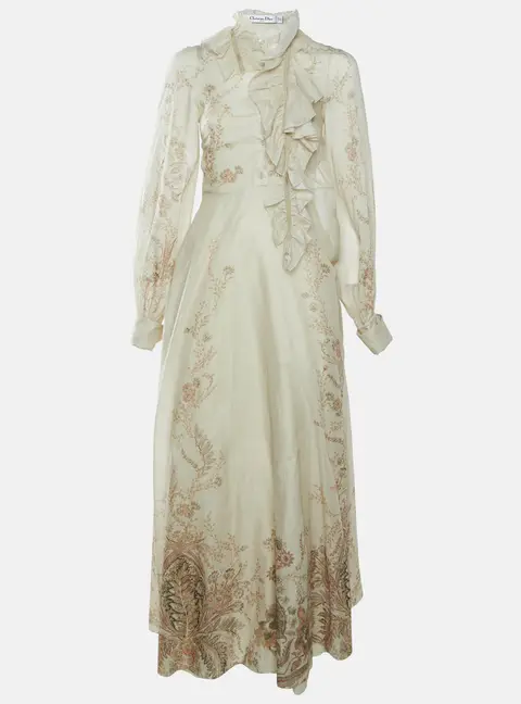 Christian Dior Beige Paisley Print Muslin Flared Maxi Dress S