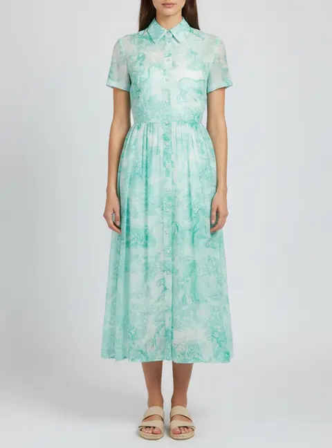 Christian Dior Green Toile de Jouy Print Muslin Mid Length Shirt Dress S