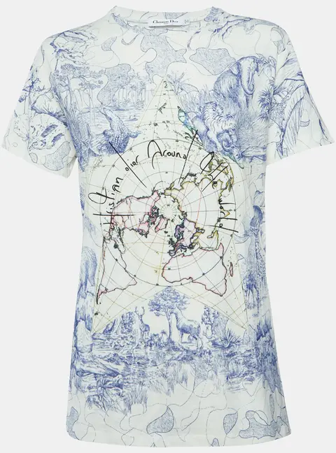 Christian Dior White/Blue Around The World Print Jersey Crewneck T-Shirt M