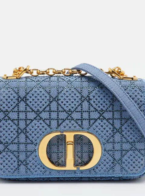 Dior Caro Small Blue Metallic Lurex Fabric Cannage Strass Flap Shoulder Bag