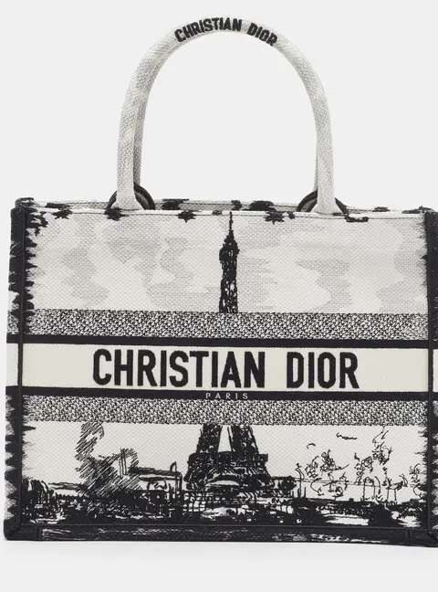 Dior Book Medium Black/White Paris Embroidered Canvas Tote