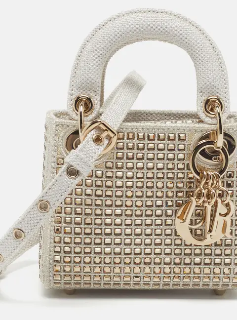 Dior Lady Dior Micro Metallic White Crystal Strass Lurex Fabric Tote