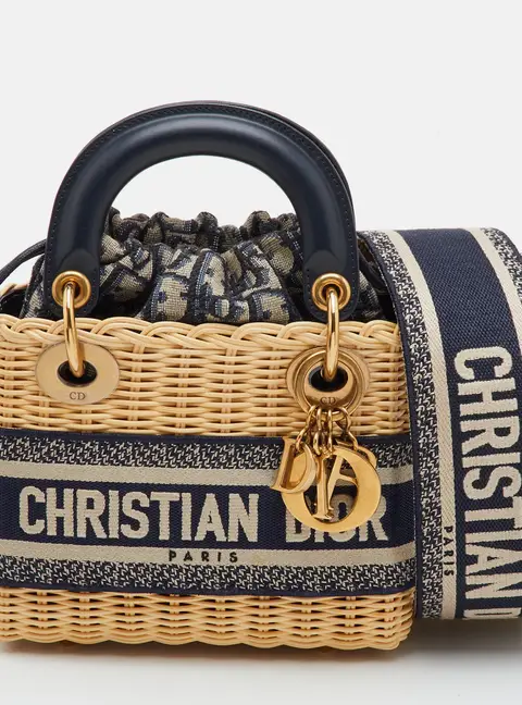 Dior Lady Dior Mini Beige/Navy Blue Wicker and Oblique Canvas Tote
