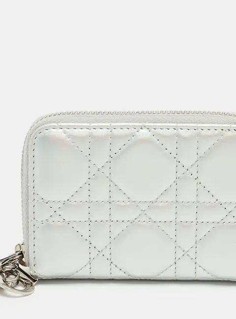 Dior Lady Dior Voyageur Silver Iridescent Cannage Leather Zip Around Wallet