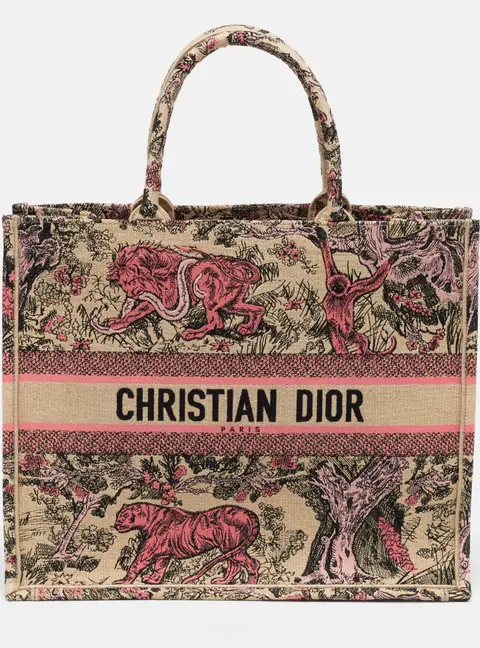 Dior Book Large Pink/Beige Toile De Jouy Embroidered Raffia Tote