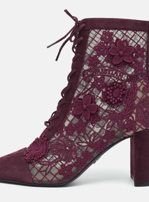 Dior Naughtily-D Size 38 Burgundy Embroidered Suede Ankle Boots