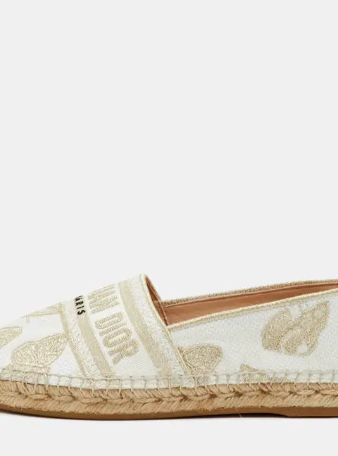 Dior Granville Size 37.5 White/Gold Embroidered Canvas Espadrille Flats
