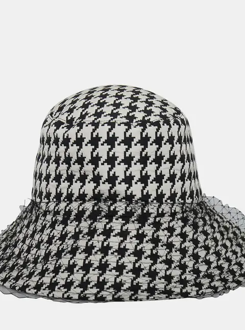 Christian Dior Teddy D Black White Houndstooth Polyester Veil Bucket Hat