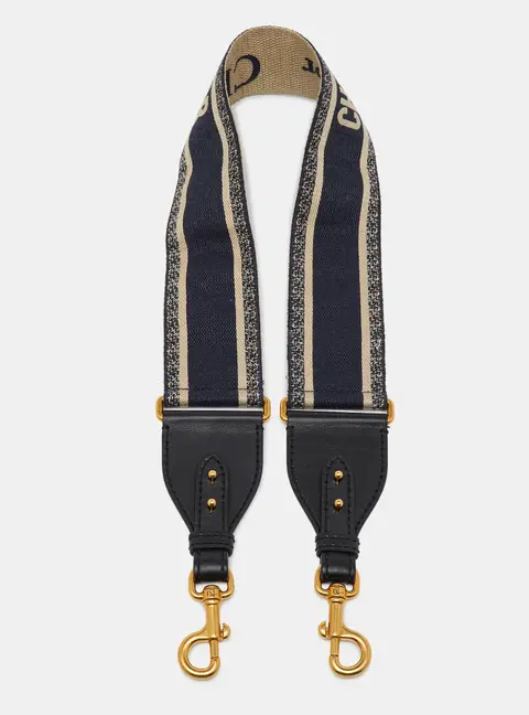 Dior Navy Blue/Black Embroidered Canvas and Leather Bag Shoulder Strap