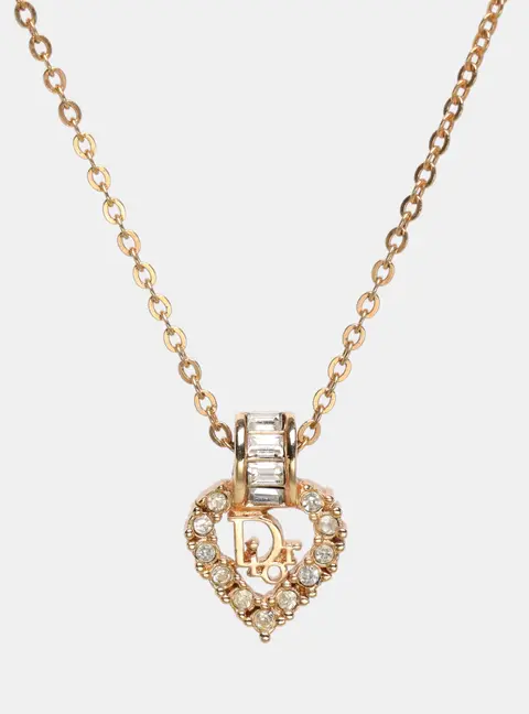 Dior Gold Tone Rhinestone Logo Heart Pendant Necklace