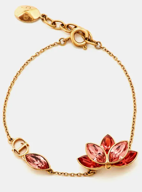 Dior Floral Motif Pink Crystal Gold Tone Bracelet