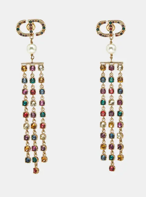 Dior CD Multicolor Crystal  Faux Pearl Gold Tone Fringe Drop Earrings