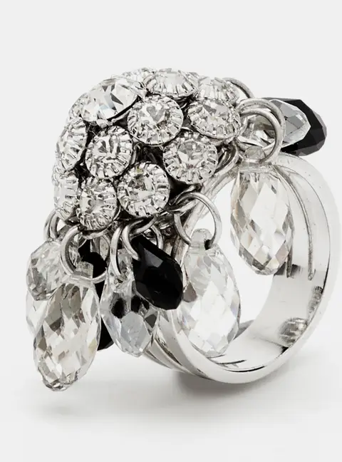 Dior Crystals Beads Silver Tone Ring Size 53