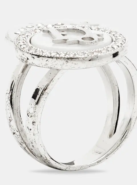 Dior Oblique Logo Mother of Pearl Crystal Star Silver Tone Ring Size 52