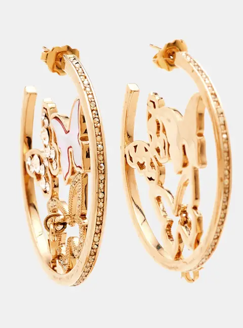 Dior Pink Mother of Pearl Butterfly Crystal Gold Tone Hoop Earrings