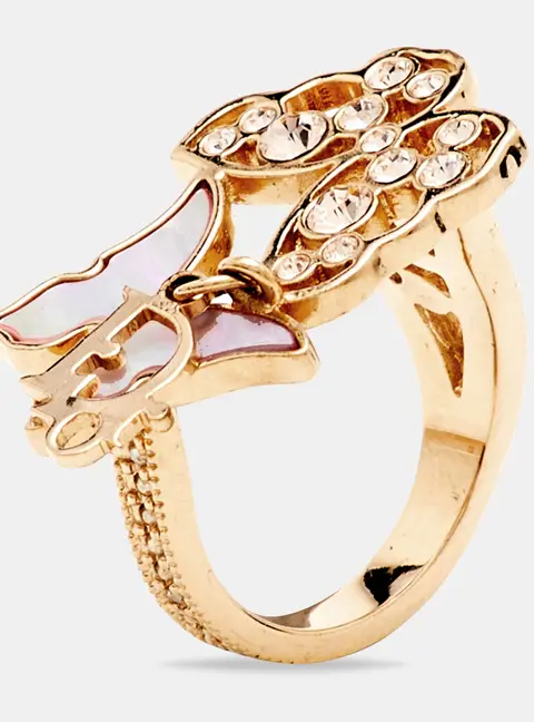 Dior Butterfly Pink Mother of Pearl Crystal Gold Tone Ring Size 51
