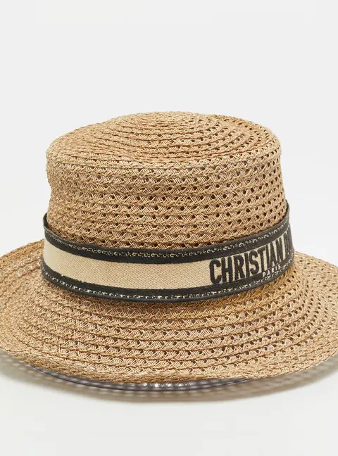 Christian Dior Beige Paper Straw D-Bobby Large Brim Hat Size 57