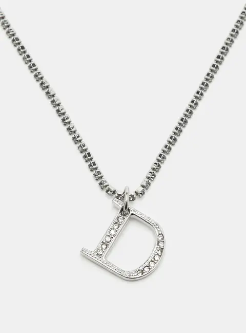 Dior Vintage Galliano Era D Logo Crystal Silver Tone Pendant Necklace