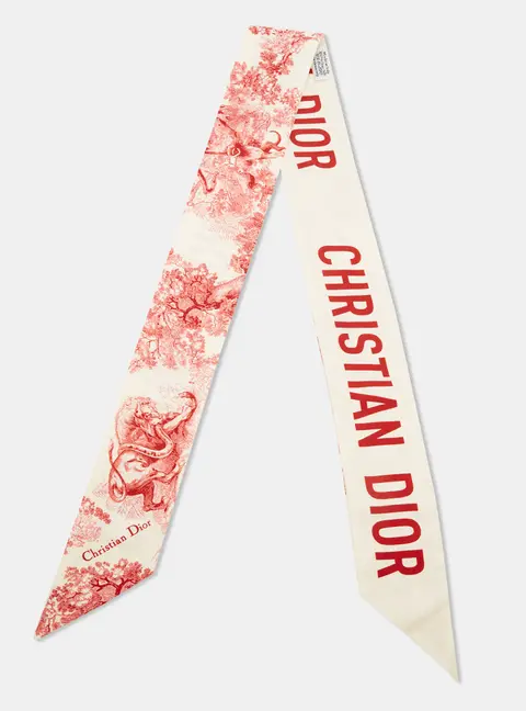 Christian Dior Cream/Red Toile de Jouy Print Silk Mitzah Scarf