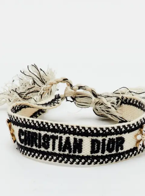 Christian Dior Black Floral Motif Embroidered Woven Tassel Bracelet