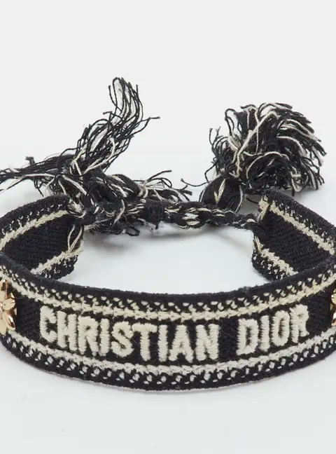 Christian Dior Black Floral Motif Embroidered Woven Tassel Bracelet