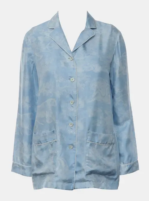 Christian Dior Chez Moi C&eacute;leste Blue Toile de Jouy Palms Silk Twill Women's Pajama Shirt S