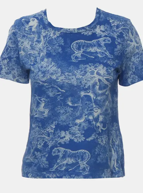 Dior Dioriviera Riviera Toile de Jouy Blue Cotton Linen Women Short Sleeve T -Shirt Size S