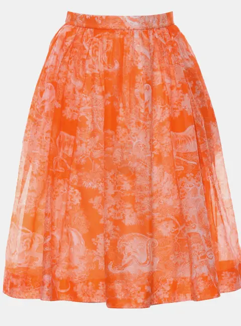 Christian Dior Dioriviera Orange Cotton Voile Toile de Jouy Reverse Flared Midi Skirt XS