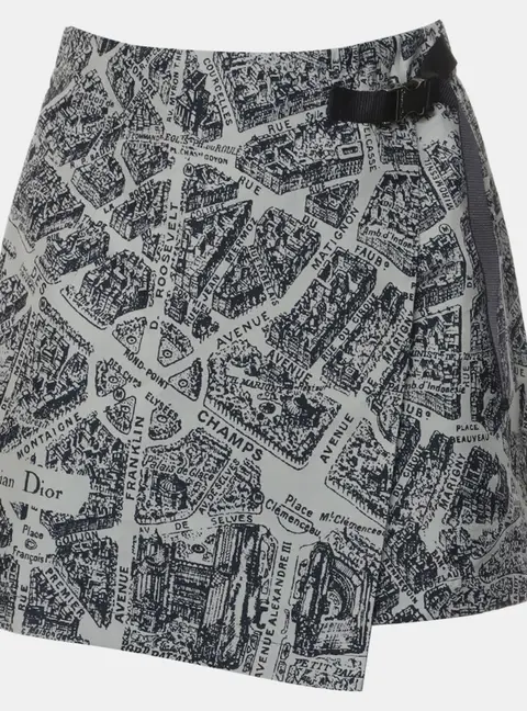Christian Dior Plan de Paris XS Navy Blue White Technical Taffeta Jacquard Skort