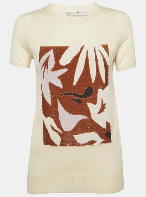 Dior Cream Knit Embellished Top L