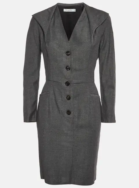 Christian Dior Grey Wool Blend Button Up Mini Dress M